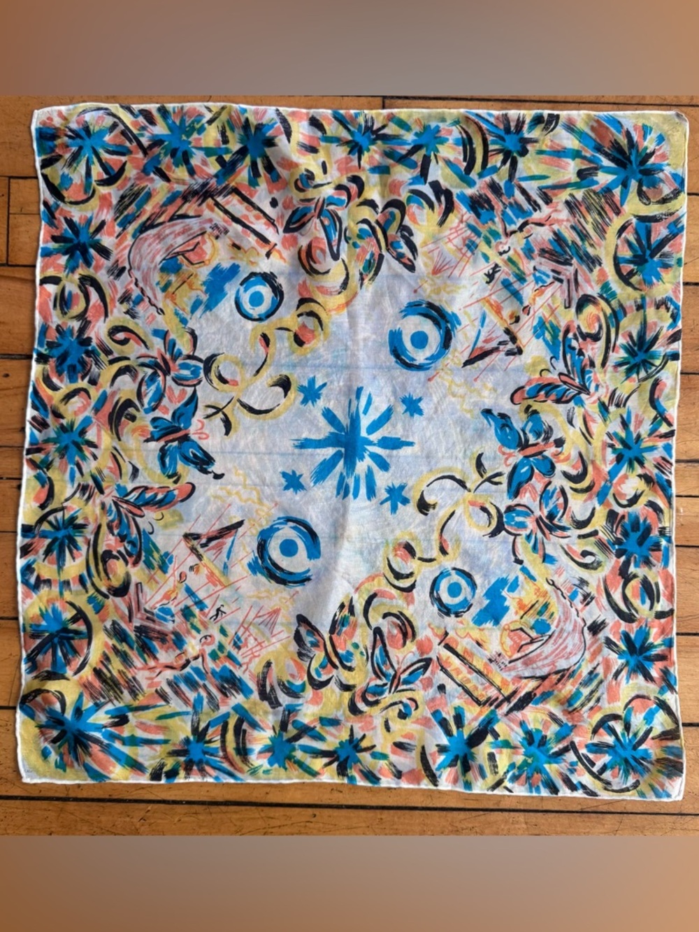 Vintage Japanese beach water painted scene Silk Scarf  blue white yellow boat